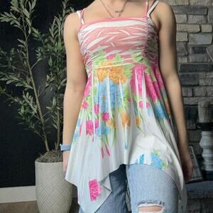 Wet seal y2k multicoloured floral fairycore asymmetrical tank top size small
